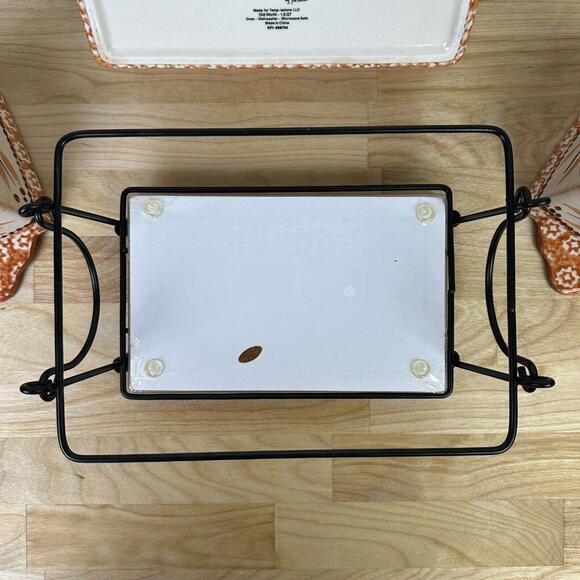 5pc Set Temptations Old World ORANGE 1.5 QT Bakeware Dish w/Rack/Trivet/Ramekins - Picture 3 of 9